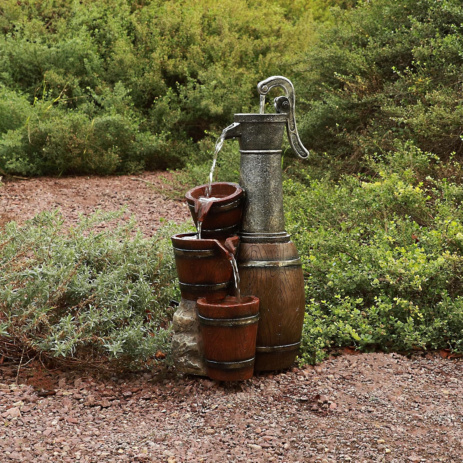 Alpine Corporation ZEN403S Indoor/Outdoor Floor Vintage Farmhouse Barrel Fountain, Rustic Waterfall for Garden, 24", Brown