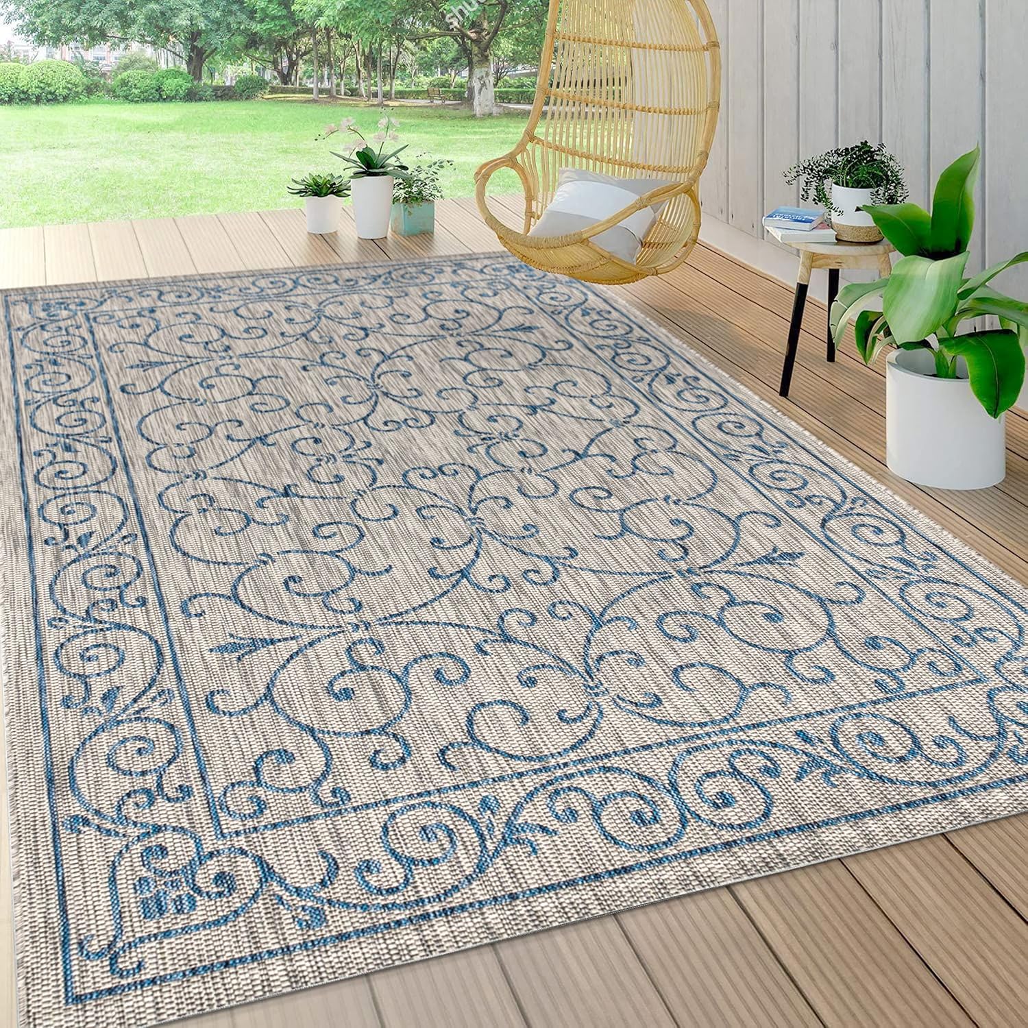 JONATHAN Y SMB106C-14 Charleston Vintage Filigree Textured Weave Gray/Navy 10 ft. x 14 ft. Indoor/Outdoor Area Rug, Pet Friendly, Non-Shedding, Stain Resistant, Easy-Cleaning for Backyard, Patio
