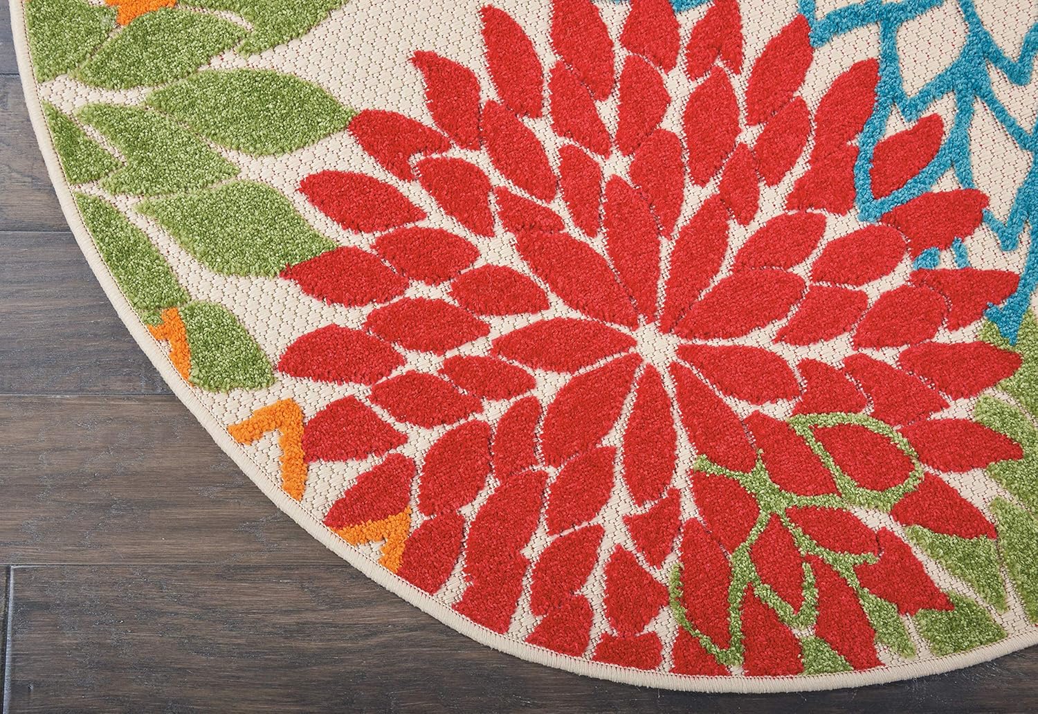 Nourison Aloha Indoor/Outdoor Green 4' x Round Area-Rug, Tropical, Botanical, Easy-Cleaning, Non Shedding, Bed Room, Living Room, Dining Room, Deck, Backyard, Patio (4 Round)