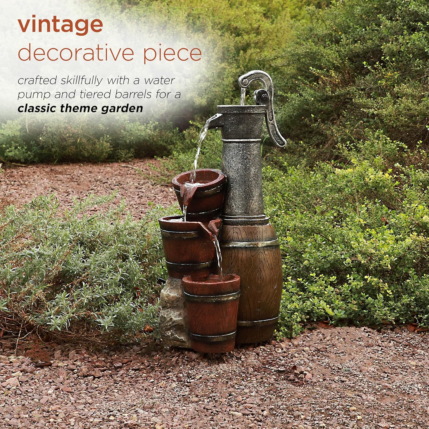 Alpine Corporation ZEN403S Indoor/Outdoor Floor Vintage Farmhouse Barrel Fountain, Rustic Waterfall for Garden, 24", Brown