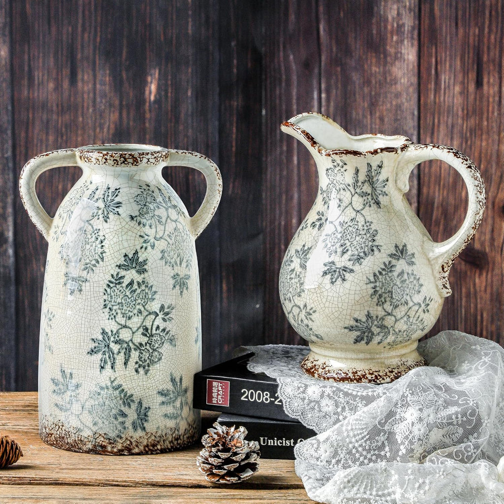 Enra Tall Vintage Blue and White Ceramic Vase with Handle, 11.2 Inch Chinoiserie Decorative Floral Vase, Large Rustic Ceramic Vase for Living Room, Office, Bookshelf, Home Decor