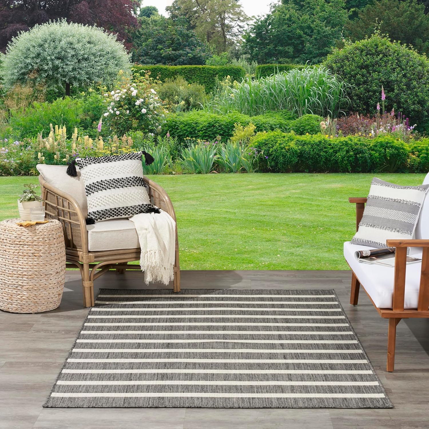 Nourison Home Positano 7' x 10' Indoor/Outdoor Charcoal Striped Area Rug, Easy Cleaning, Non Shedding, Bedroom, Living Room, Dining Room, Deck, Backyard, Patio