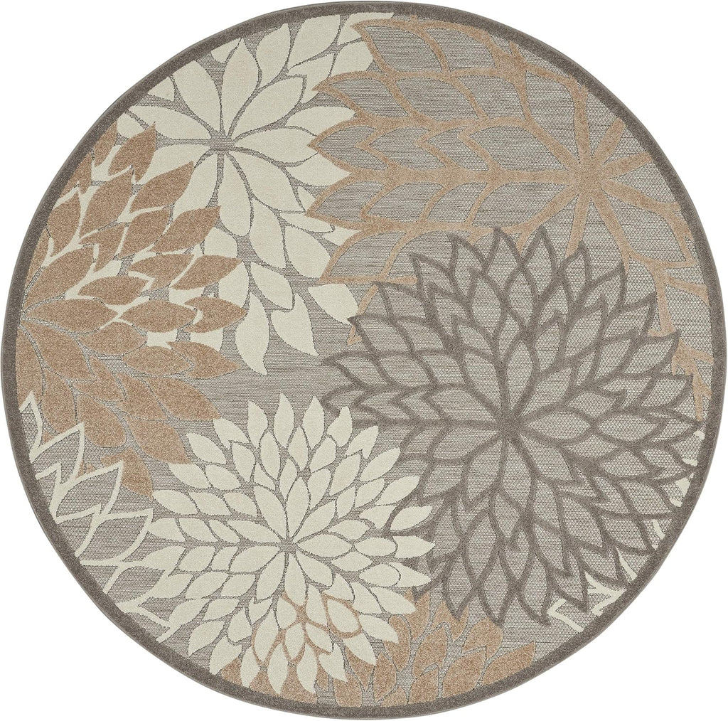 Nourison Aloha Indoor/Outdoor Area Rug 4', Natural, Round Tropical Botanical Easy -Cleaning Non Shedding Bed Room Living Room Dining Room Deck Backyard Patio