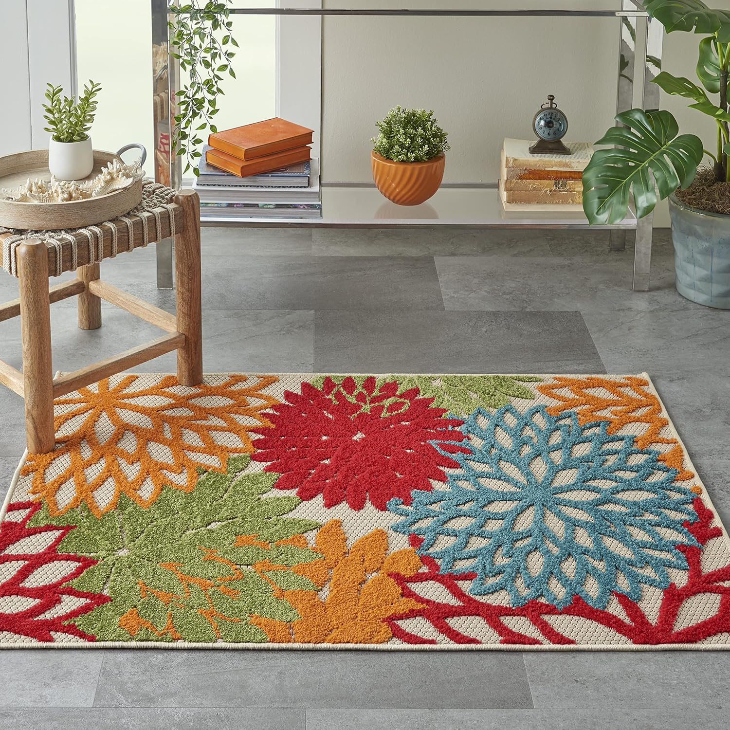Nourison Aloha Indoor/Outdoor Green 2'8" x 4' Area Rug, Tropical, Botanical, Easy Clean, Non Shedding, Bed Room, Living Room, Dining Room, Deck, Backyard, Patio (3x4)