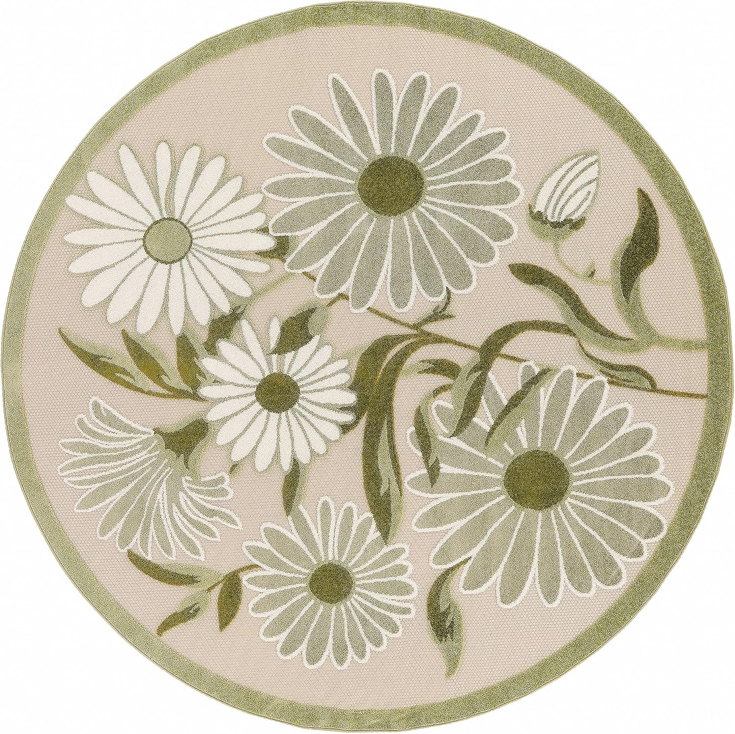 Nourison Home Aloha Indoor/Outdoor Ivory Green 5'3" x Round Area Rug, Easy-Cleaning, Non Shedding, Bed Room, Living Room, Dining Room, Backyard, Patio, Deck (5 Round)