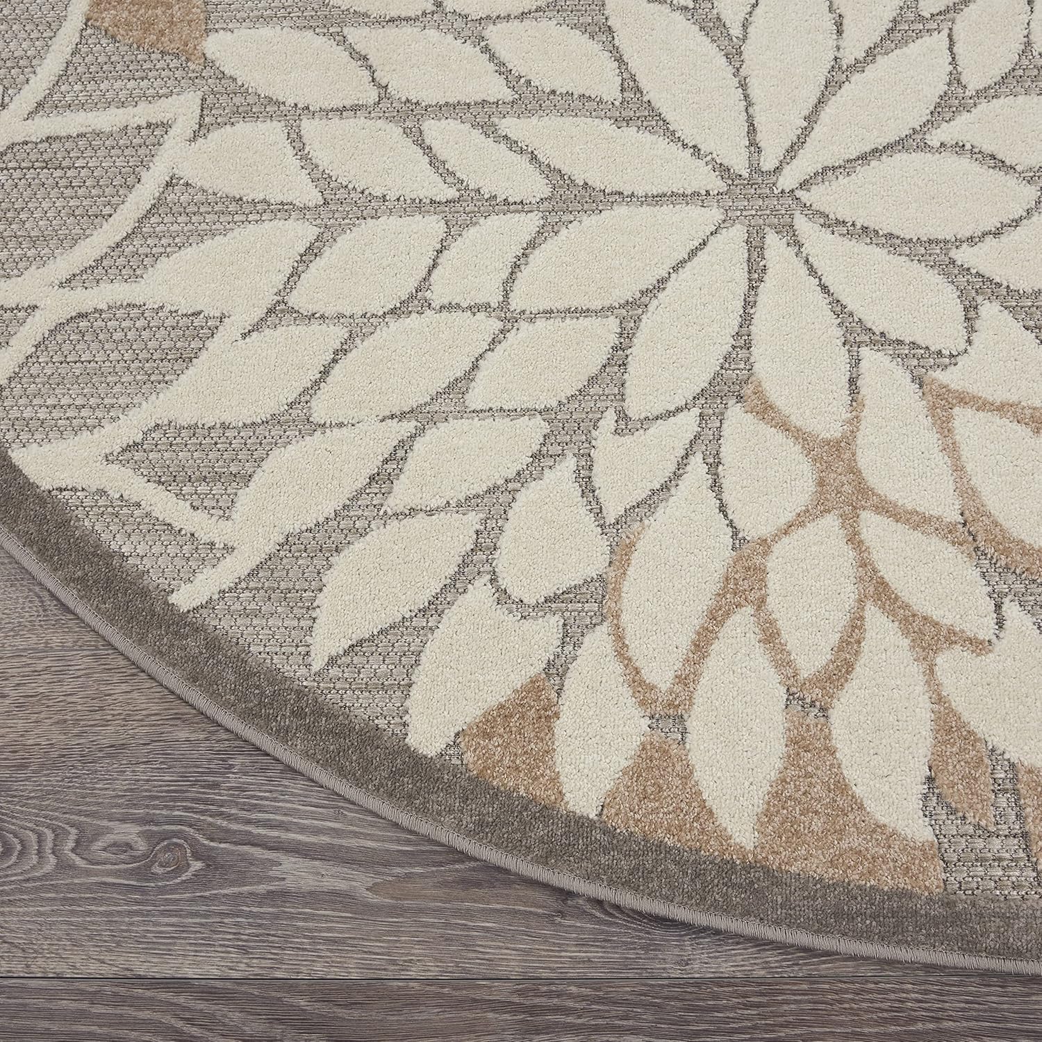 Nourison Aloha Indoor/Outdoor Area Rug 4', Natural, Round Tropical Botanical Easy -Cleaning Non Shedding Bed Room Living Room Dining Room Deck Backyard Patio