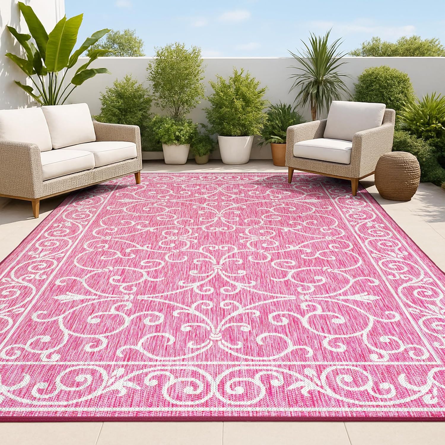JONATHAN Y SMB106J-8 Charleston Vintage Filigree Textured Weave Indoor Outdoor Area Rug, Classic Traditional Easy-Cleaning,Bedroom,Kitchen,Backyard,Patio,Non Shedding, 8 X 10, Fuchsia/Light Gray