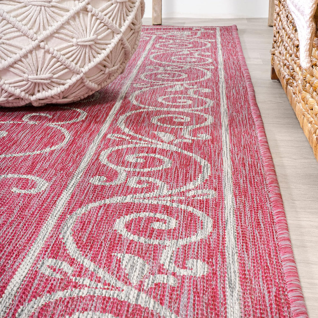 JONATHAN Y SMB106J-28 Charleston Vintage Filigree Textured Weave Indoor Outdoor Runner Rug, Classic Traditional Transitional Easy Cleaning,Bedroom,Kitchen,Backyard,Patio, Fuchsia/Light Gray, 2 X 8