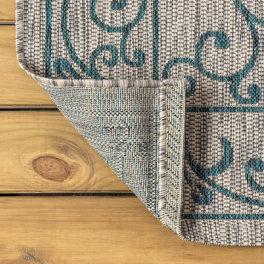 JONATHAN Y SMB106E-5R Charleston Vintage Filigree Textured Weave Gray/Teal 5' Round Indoor/Outdoor Area Rug, Pet Friendly, Non-Shedding, Stain Resistant, Easy-Cleaning for Backyard, Patio, Porch