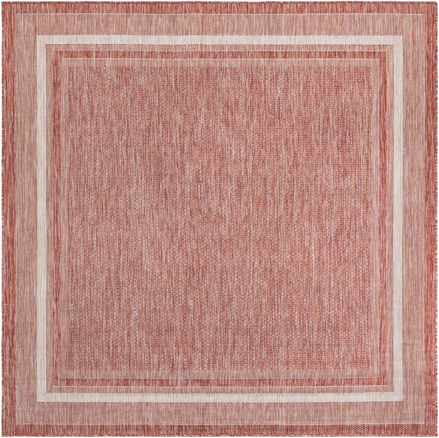 Unique Loom Outdoor Border Collection Area Rug - Soft Border (7' 10" Square Rust Red/Ivory)