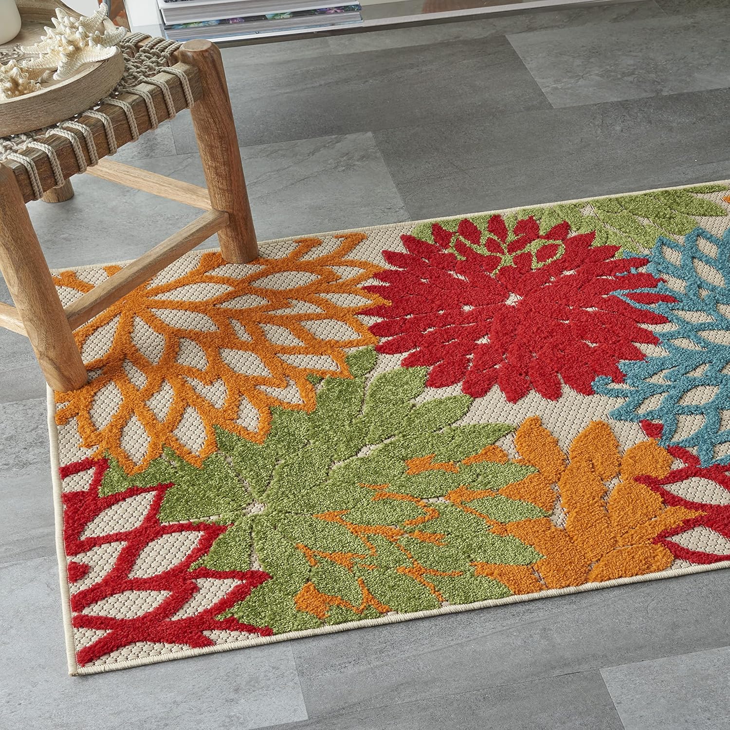Nourison Aloha Indoor/Outdoor Green 2'8" x 4' Area Rug, Tropical, Botanical, Easy Clean, Non Shedding, Bed Room, Living Room, Dining Room, Deck, Backyard, Patio (3x4)