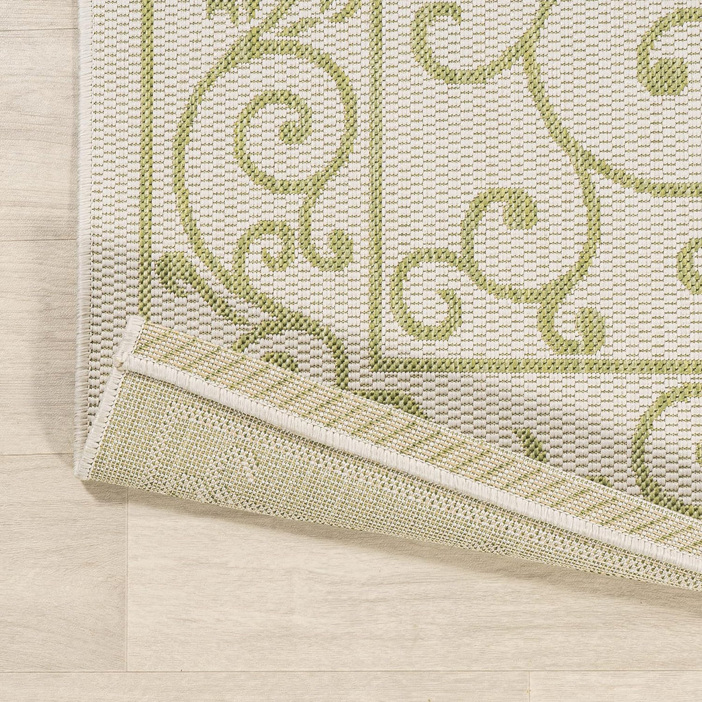 JONATHAN Y SMB106I-28 Charleston Vintage Filigree Textured Weave Indoor Outdoor Runner Rug, Bohemian Coastal Traditional Easy Cleaning,Bedroom,Kitchen,Backyard,Patio,Non Shedding, 2 X 8, Cream/Green