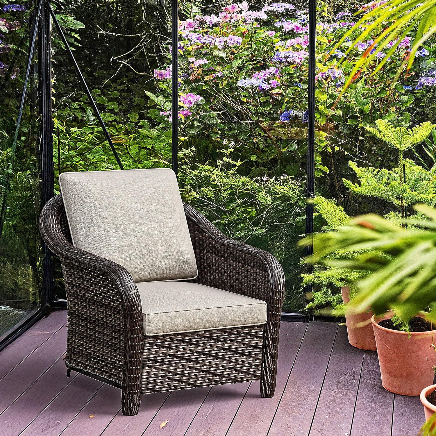 Patio PE Rattan Chairs Set of 2 with Cat Nest End Table, All-Weather & Steel Frame Outdoor Conversation Furniture Set with Washable Cushions for Garden, Bistro, Deck, Yard (Beige)