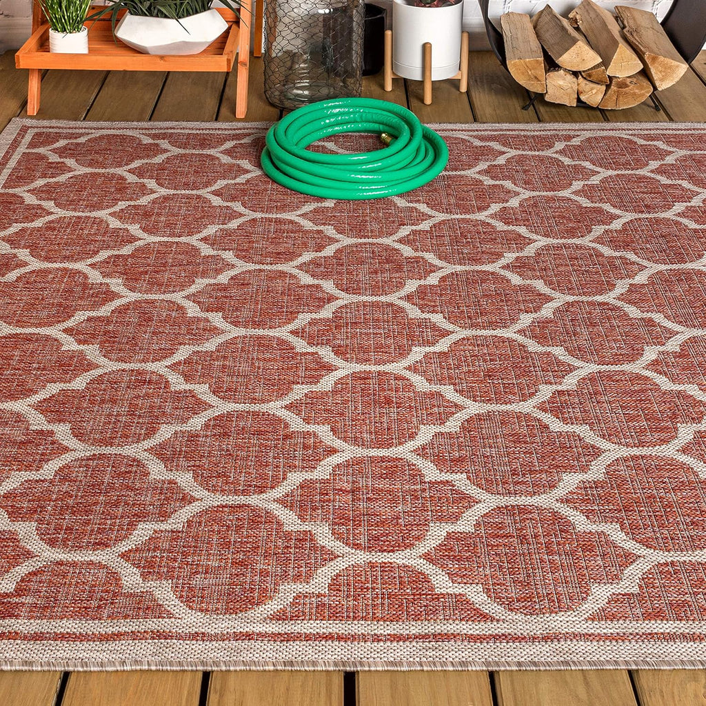 Eyely BMS109C-5 Santa Monica Trebol Moroccan Trellis Textured Weave Indoor/Outdoor Area Rug Coastal;Bohemian, Bedroom, Backyard, Patio, Easy-Cleaning, Non-Shedding, 5 X 8, Red/Beige